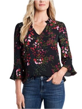 CeCe Small Black and Red Pink Floral Blossom Print, V-Neck Ruffled Sleeve Blouse